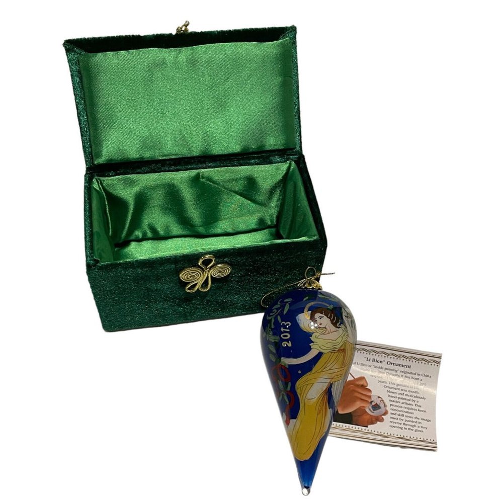 Li Bien Glass Reverse Painted Angel Christmas Ornament 2013 Pier One Velvet Box